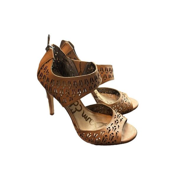 Sam Edelman Alva Tan Leather Peep-Toe Heeled Sandals Size 7.5 Zipper Closure Cut - Picture 3 of 13